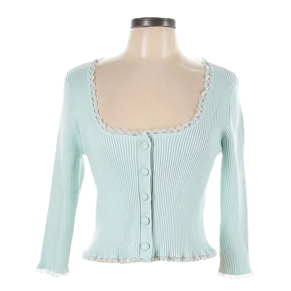 For Love & Lemons Cropped Cardigan Sweater NWT Aqua Blue Lace Trim Ribbed Knit L - Picture 1 of 10
